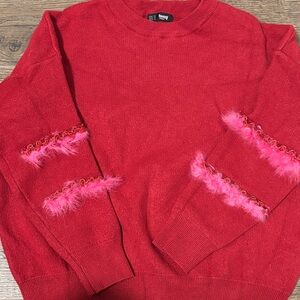 Red Crewneck Sweater with Pink Feather Trim